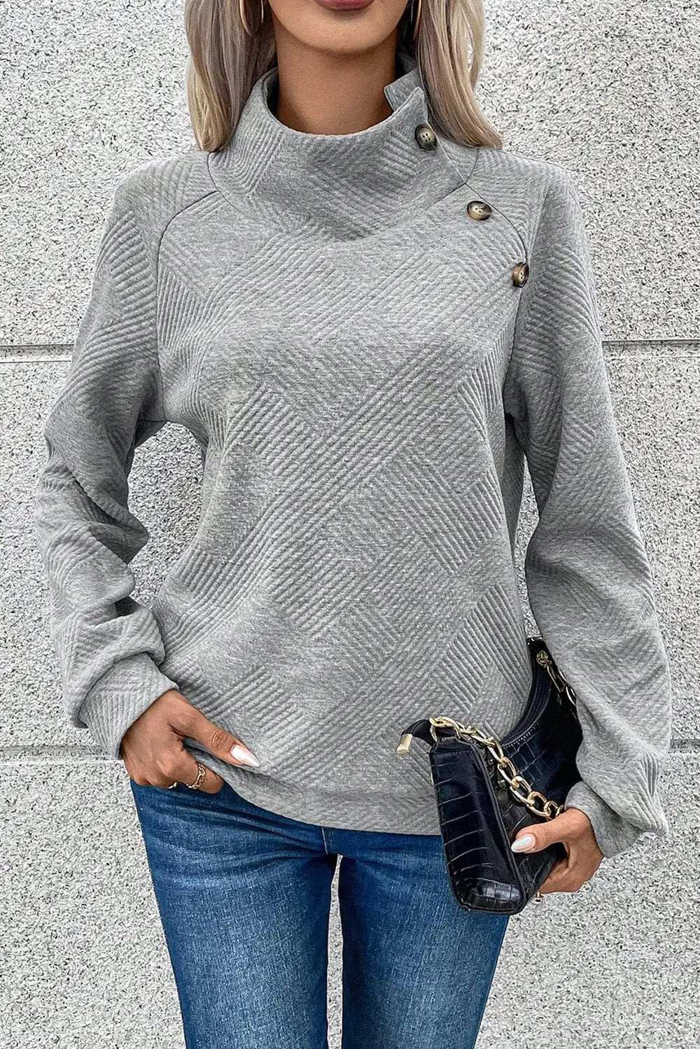 Textured Turtleneck Long Sleeve Sweatshirt - Trendsi - Flyclothing LLC
