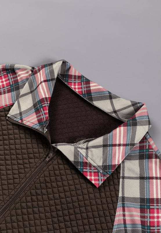 Plaid Half Zip Long Sleeve Sweatshirt - Trendsi - Flyclothing LLC