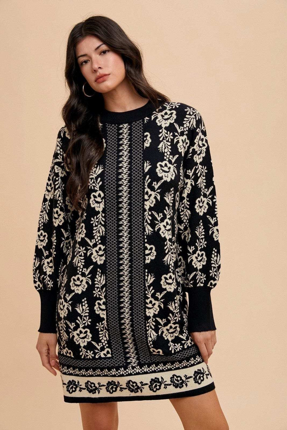 Annie Wear Floral Jacquard Round Neck Sweater Dress - Trendsi - Flyclothing LLC