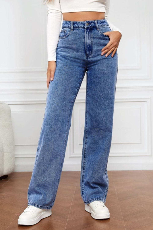 High Waist Straight Jeans - Trendsi - Flyclothing LLC