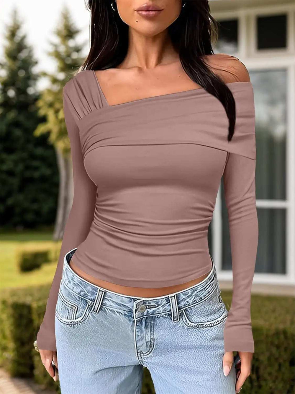 Ruched One Shoulder Long Sleeve T-Shirt - Trendsi - Flyclothing LLC