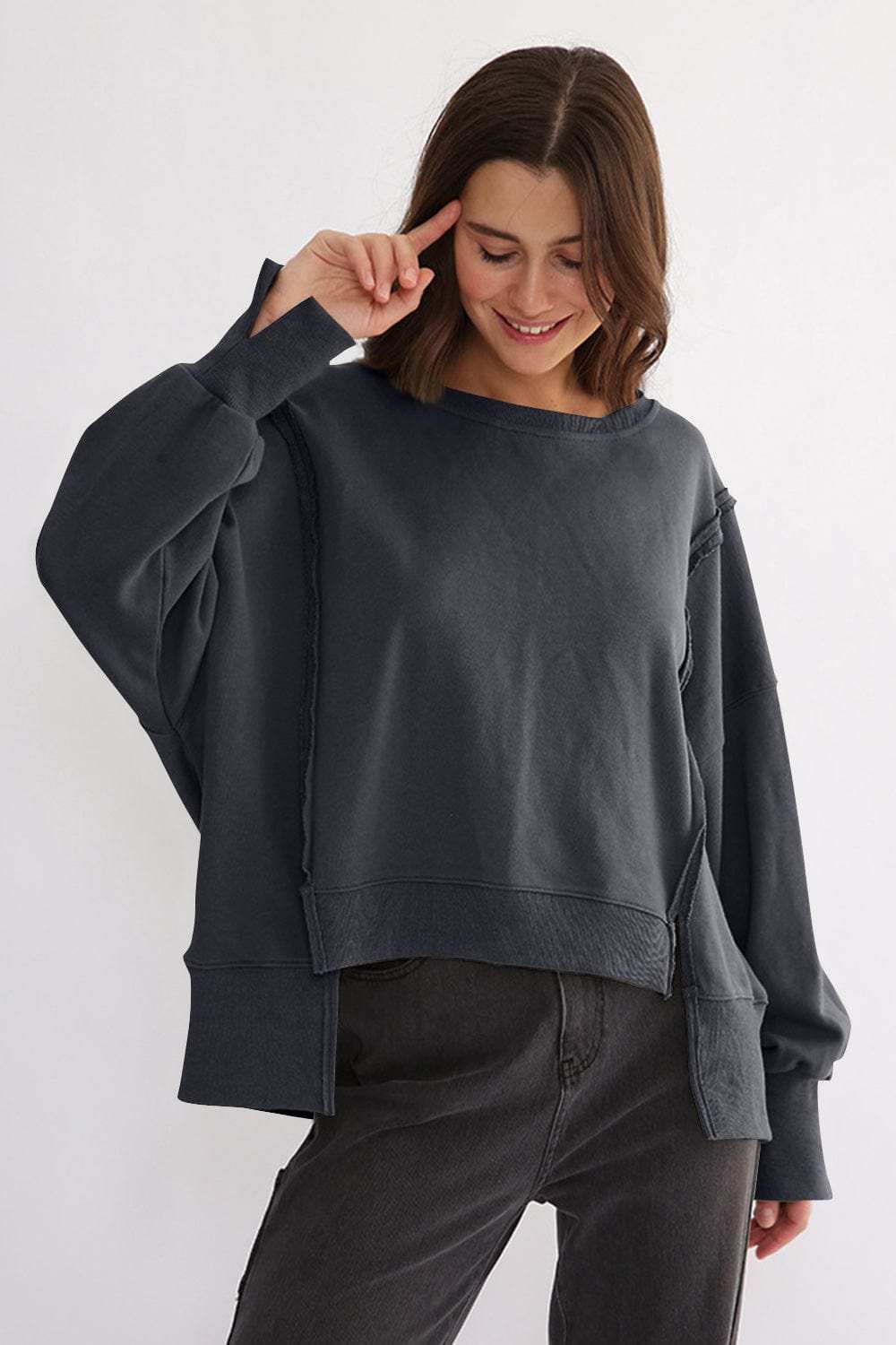 Exposed Seam High-Low Long Sleeve Sweatshirt - Trendsi - Flyclothing LLC