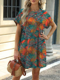 Printed Round Neck Short Sleeve Mini Dress - Trendsi - Flyclothing LLC