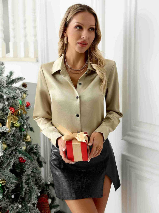 Collared Neck Button Down Long Sleeve Shirt - Trendsi - Flyclothing LLC