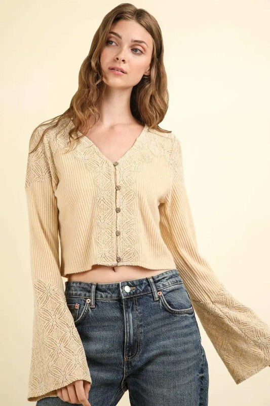 VERY J V-Neck Lace Detail Button Down Crop Ribbed Knit Top - Trendsi - Flyclothing LLC