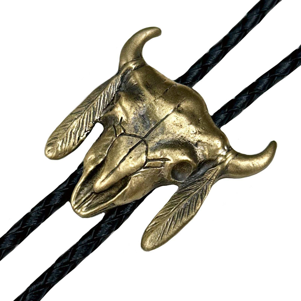Rockmount Ranch Ware Brass Steer Skull with Feathers Western Bolo Tie - Rockmount Clothing - Flyclothing LLC