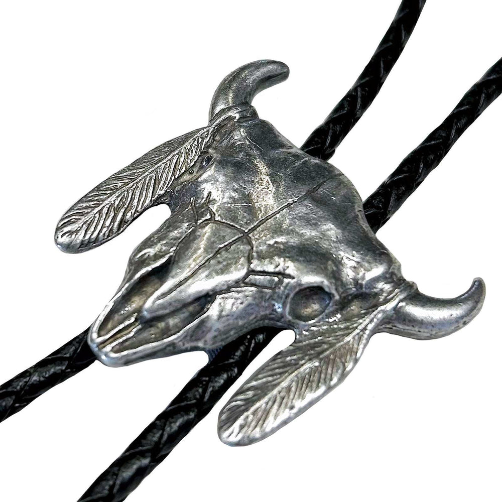 Rockmount Ranch Ware Pewter Steer Skull with Feathers Western Bolo Tie - Rockmount Clothing - Flyclothing LLC