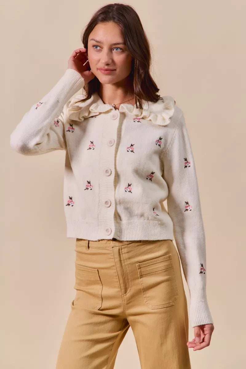 SO ME Collared Floral Embroidered Button Down Sweater Cardigan - Trendsi - Flyclothing LLC