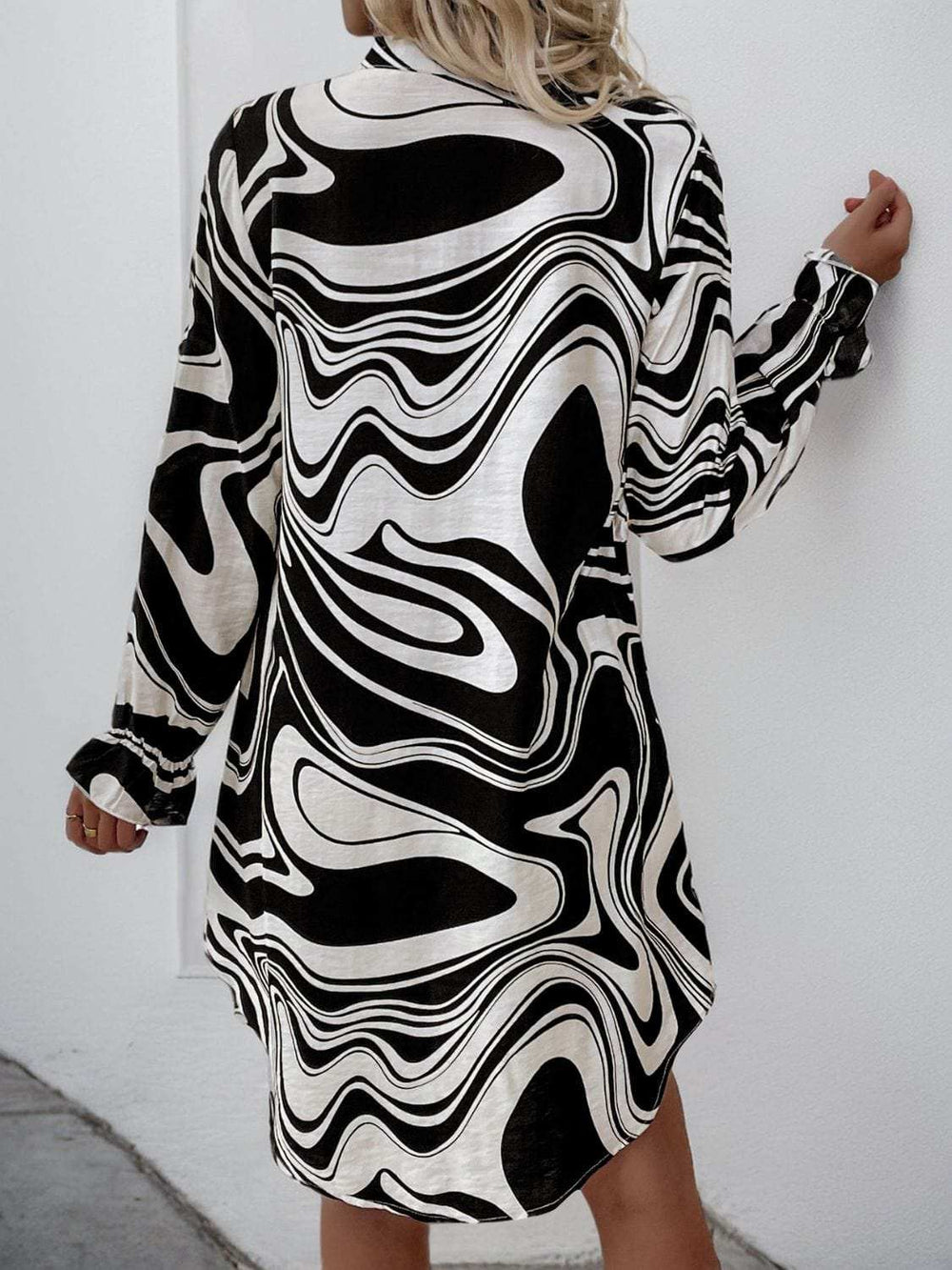 Perfee Ruffled Printed V-Neck Long Sleeve Dress - Trendsi - Flyclothing LLC