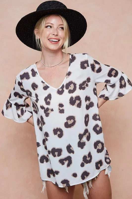 BiBi Leopard Printed V Neck Woven Top with Ruffled - Trendsi - Flyclothing LLC