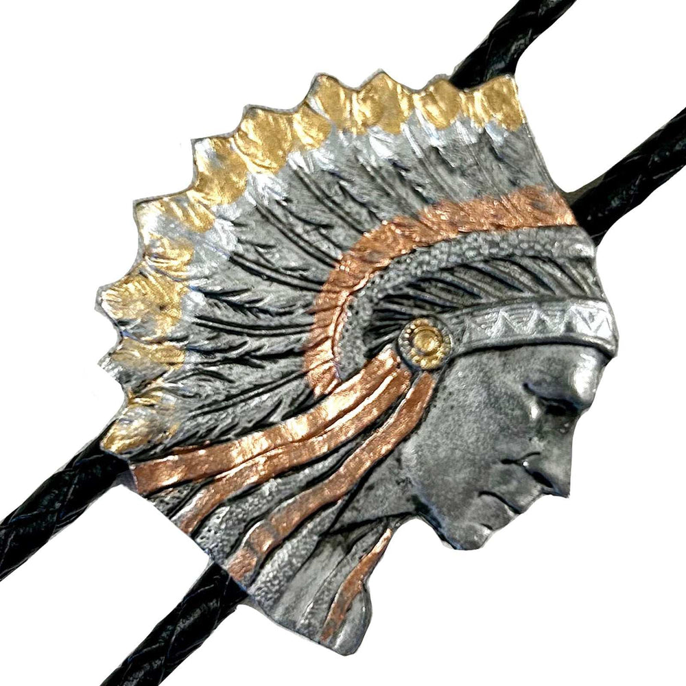 Rockmount Ranch Ware Pewter Indian Chief Tri-Tone Western Bolo Tie - Rockmount Clothing - Flyclothing LLC