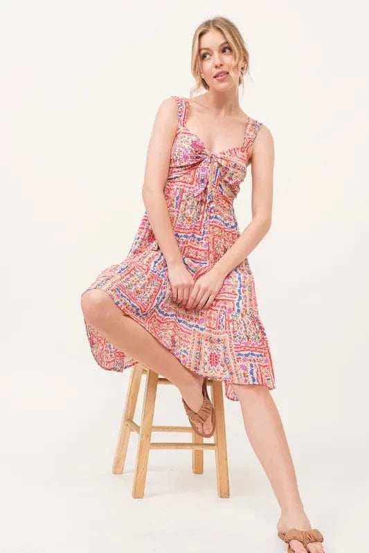 And The Why Tied Front Smocked Back Tiered Boho Printed Dress - Trendsi - Flyclothing LLC