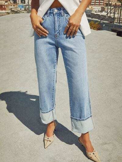 High Waisted Straight Leg Rolled Jeans - Trendsi - Flyclothing LLC