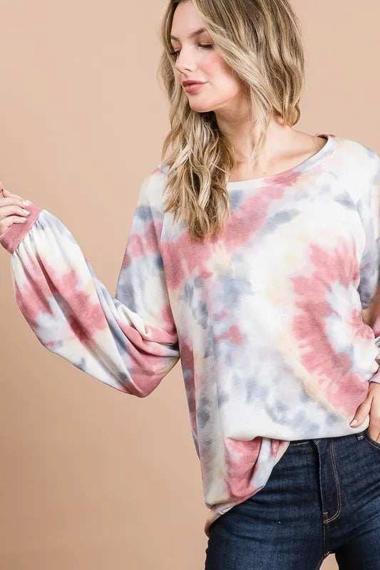 BiBi Tie Dye Print Terry Top With Puff Sleeves - Trendsi - Flyclothing LLC