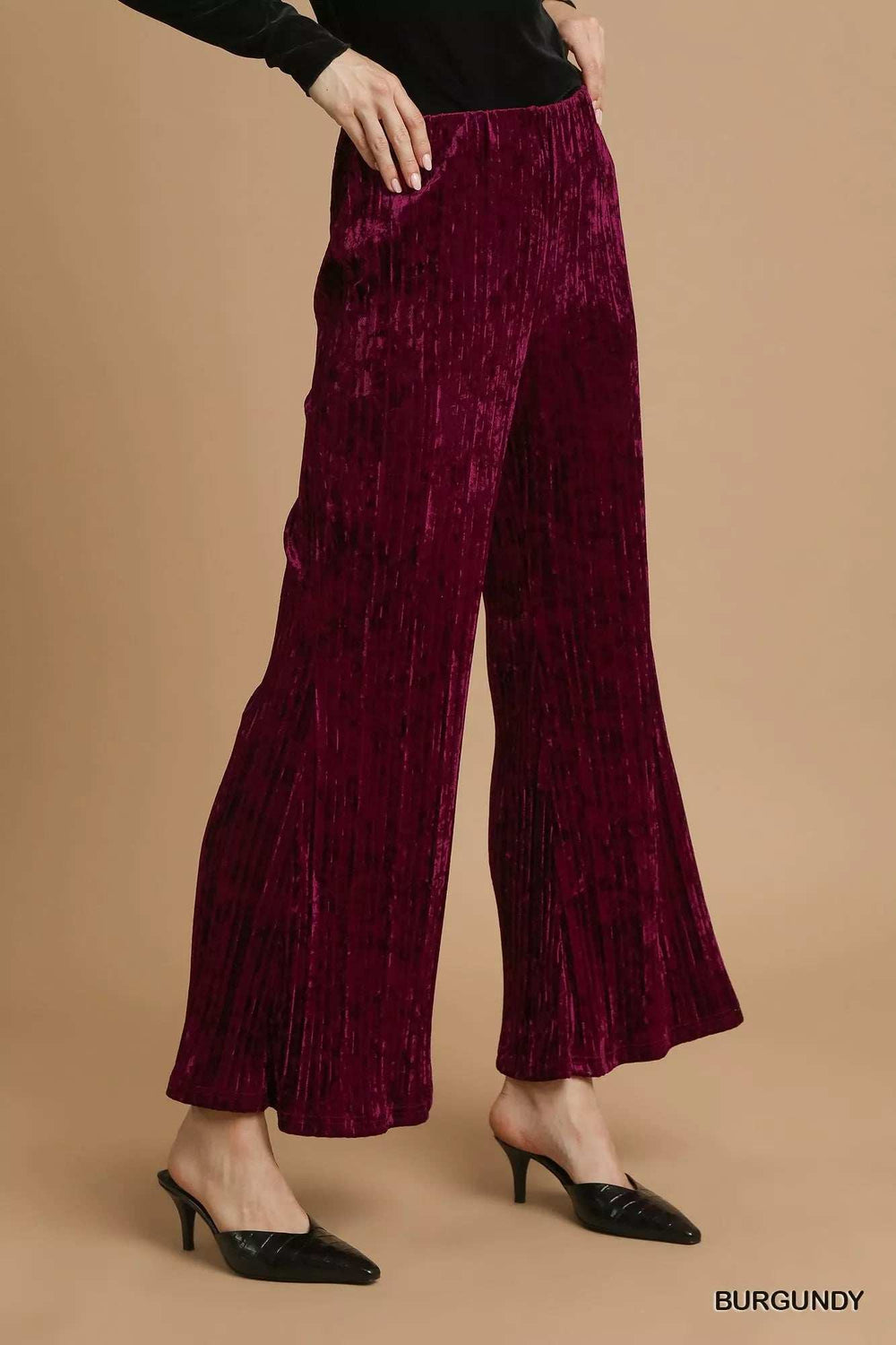 Umgee Velvet Pleated Wide Leg Pants - Trendsi - Flyclothing LLC