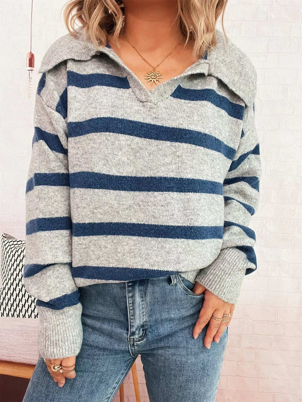 Striped Dropped Shoulder Sweater - Trendsi - Flyclothing LLC