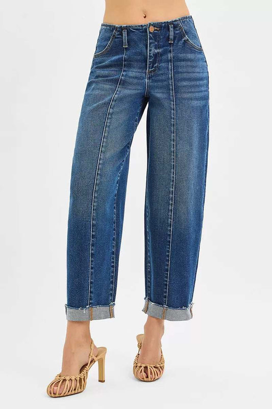 RISEN High Rise Fit Barrel Cuffed Jeans - Trendsi - Flyclothing LLC