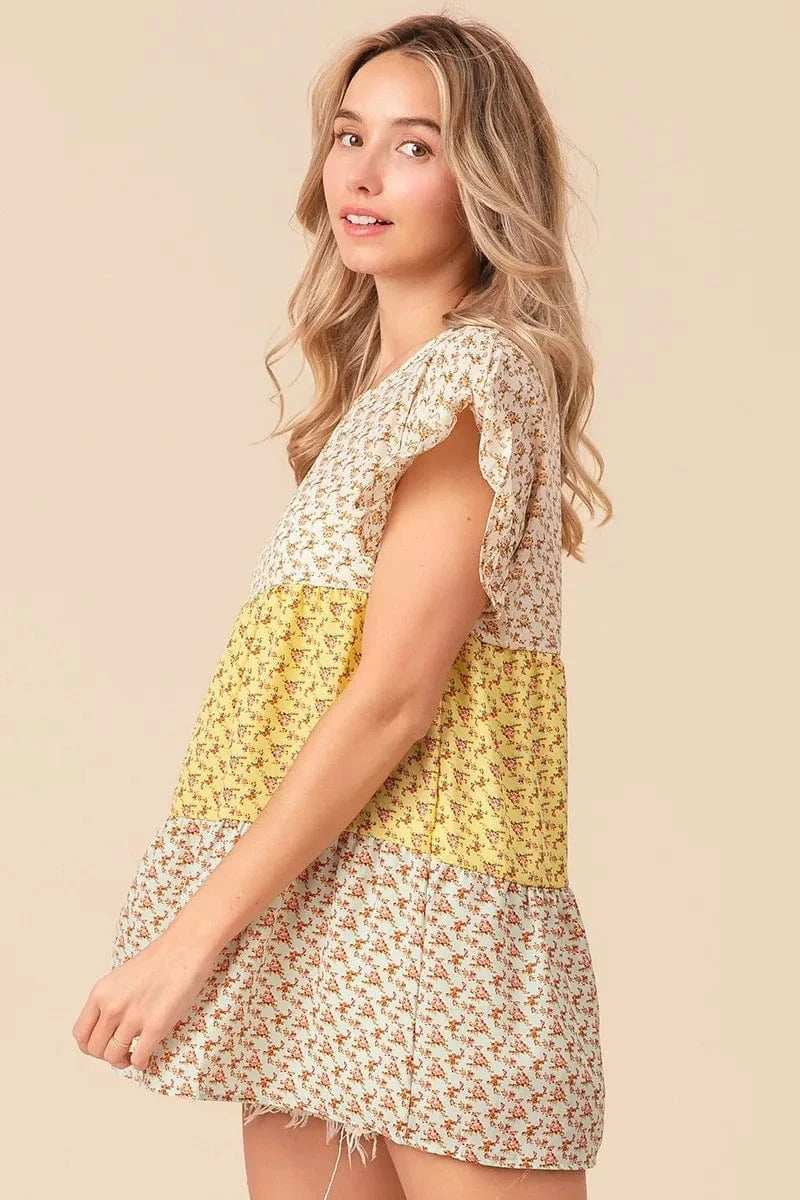BiBi Flroal Printed Woven Color Block and Tiered Top - Trendsi - Flyclothing LLC