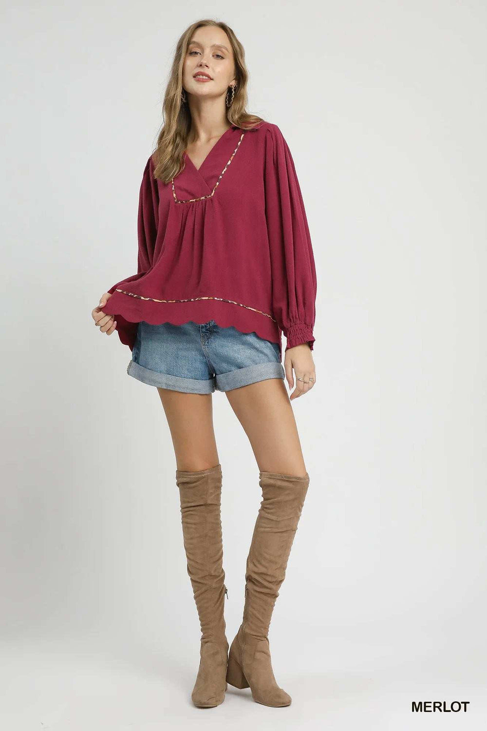 Umgee Full Size Linen Scallop Hem Blouse with Contrast Trim Plus Size - Trendsi - Flyclothing LLC