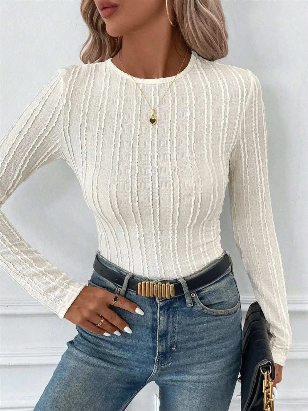 Round Neck Long Sleeve Top - Trendsi - Flyclothing LLC