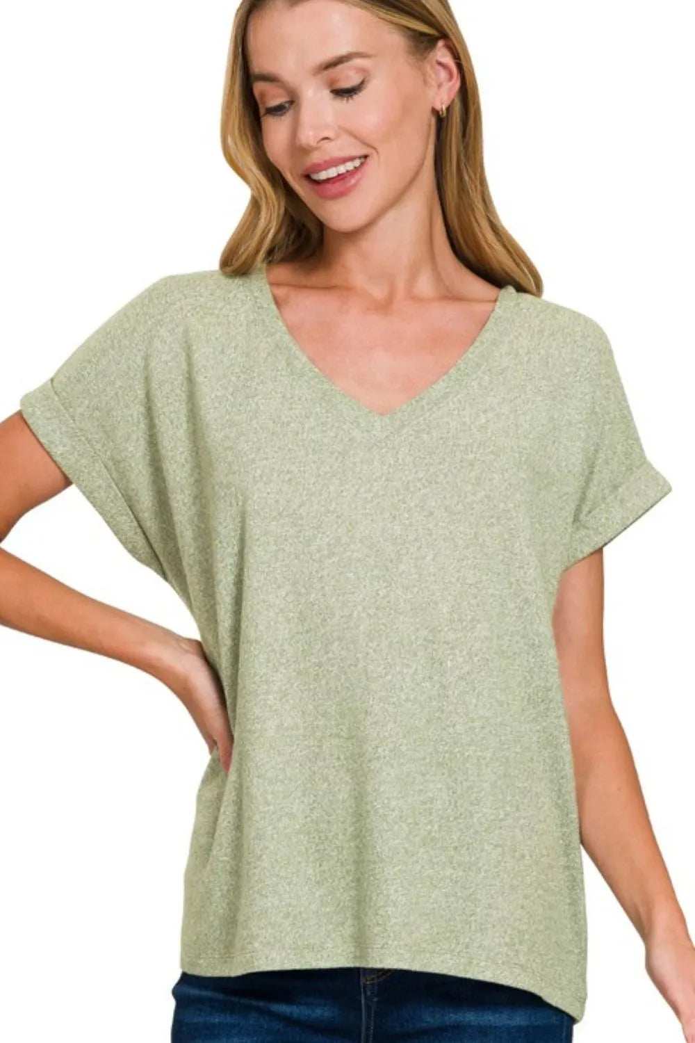 Zenana Soft Melange Hacci V-neck Tee - Trendsi - Flyclothing LLC