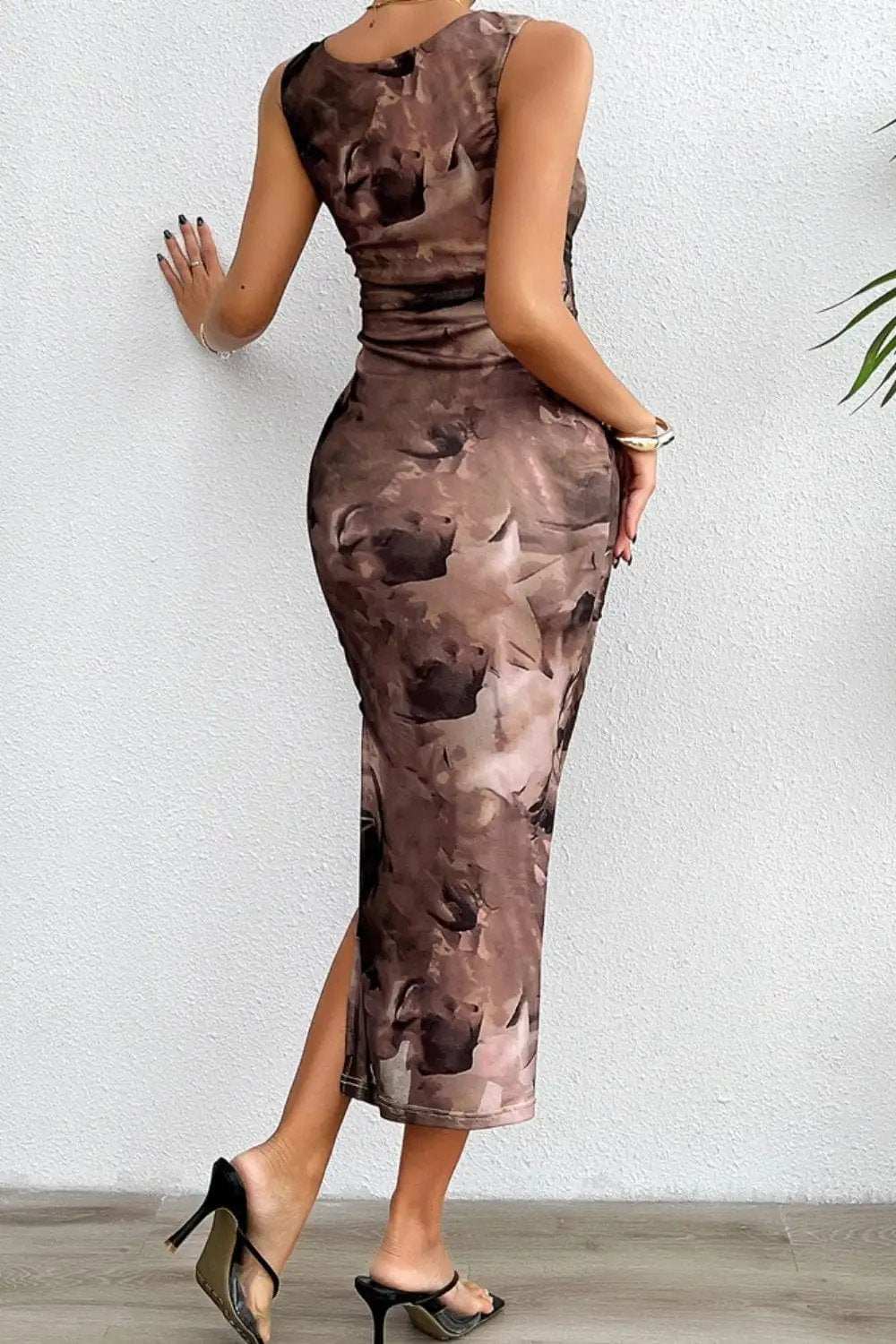 Printed Ruched Slit Sleeveless Midi Dress - Trendsi - Flyclothing LLC