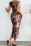 Printed Ruched Slit Sleeveless Midi Dress - Trendsi - Flyclothing LLC
