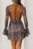 Backless Leopard Flare Sleeve Dress - Trendsi - Flyclothing LLC