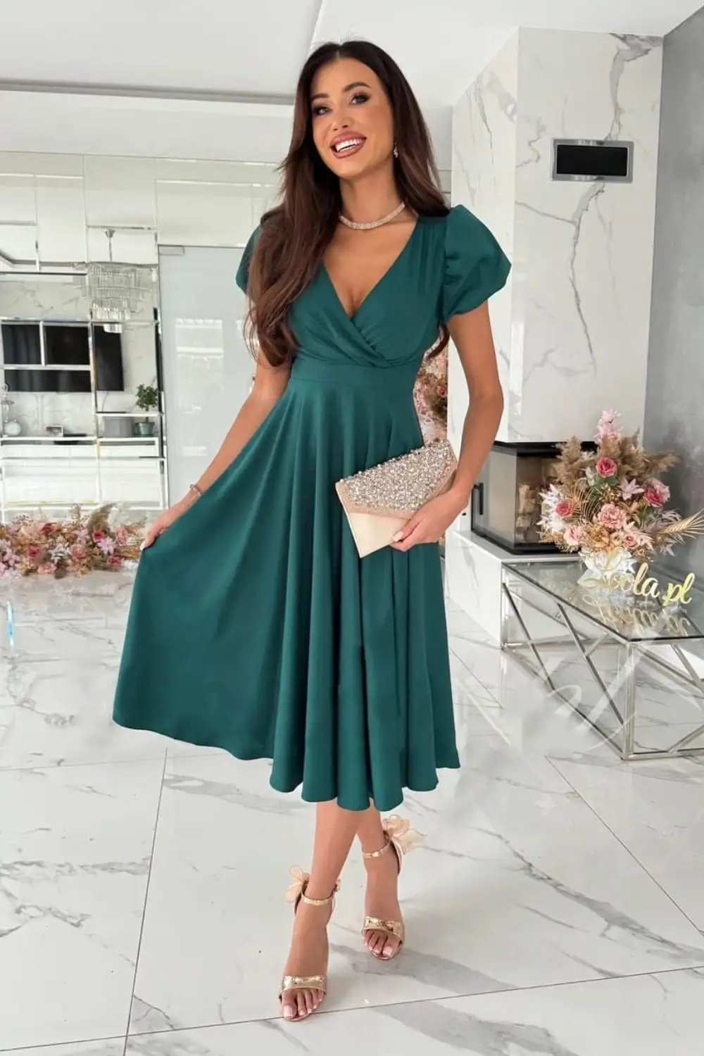 Surplice Puff Sleeve Midi Dress - Trendsi - Flyclothing LLC