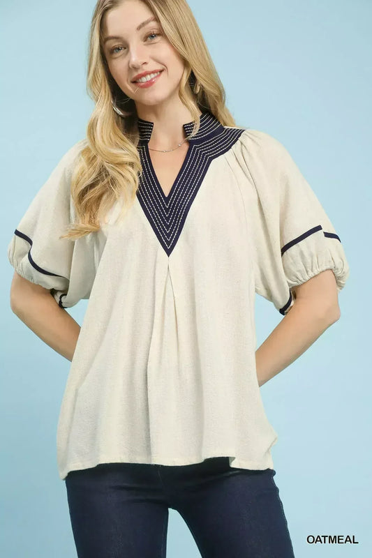 Umgee Linen Puff Sleeve Contrast Trim Top - Trendsi - Flyclothing LLC