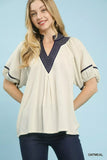 Umgee Linen Puff Sleeve Contrast Trim Top - Trendsi - Flyclothing LLC