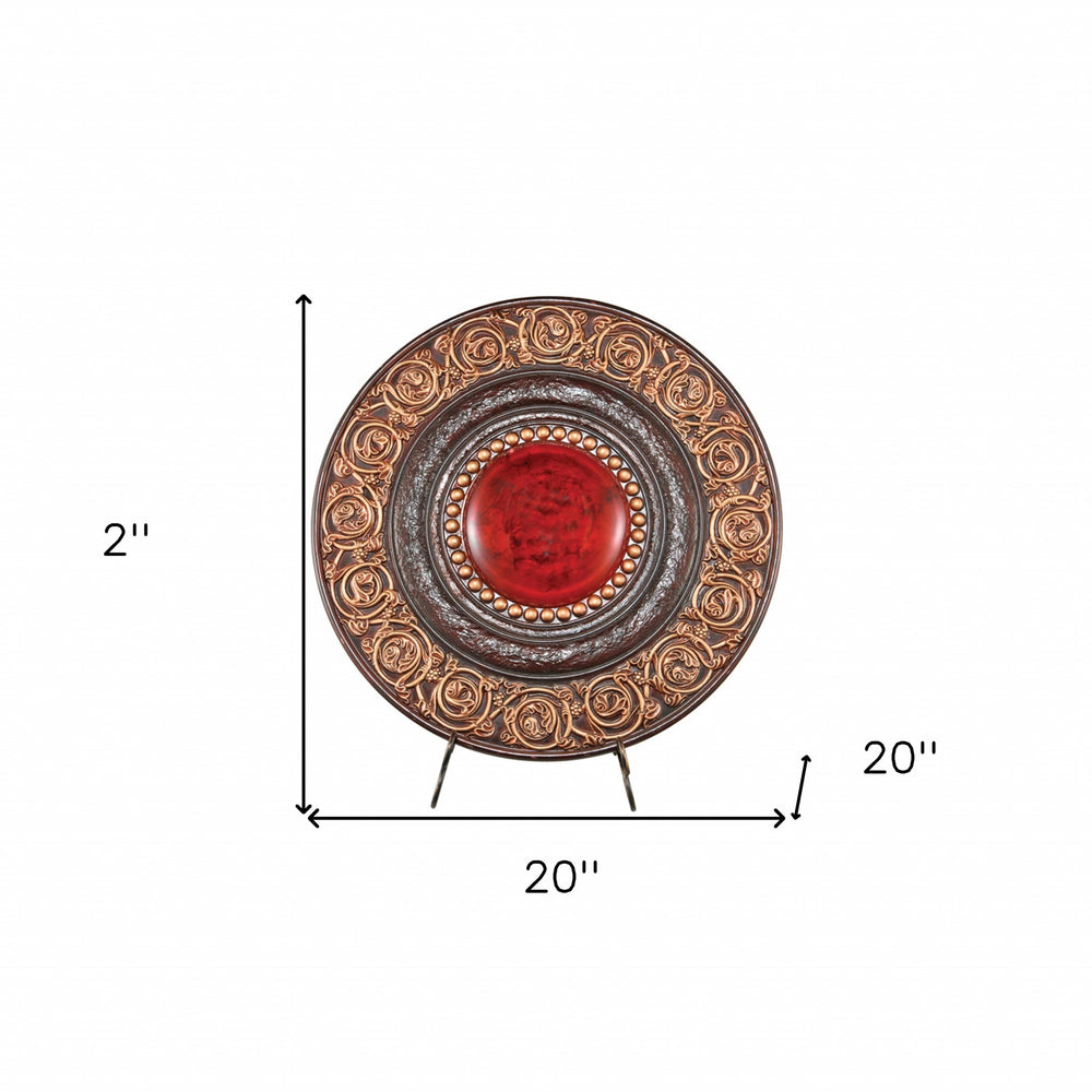 21" Red And Brown Round Polyresin Decorative Plaque