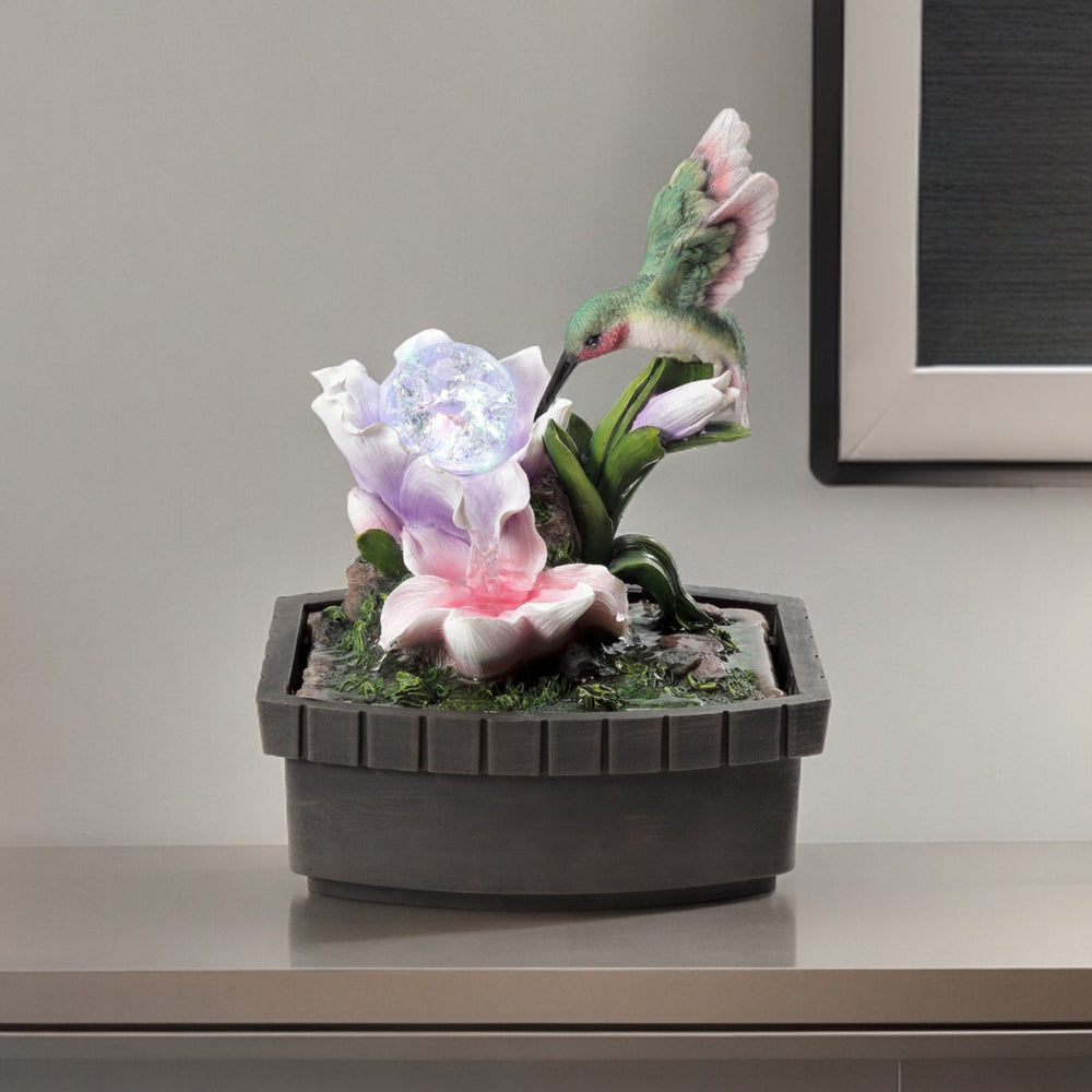 11" Pink Green And Brown Polyresin Hummingbird Tabletop Fountain - Homeroots - Flyclothing LLC