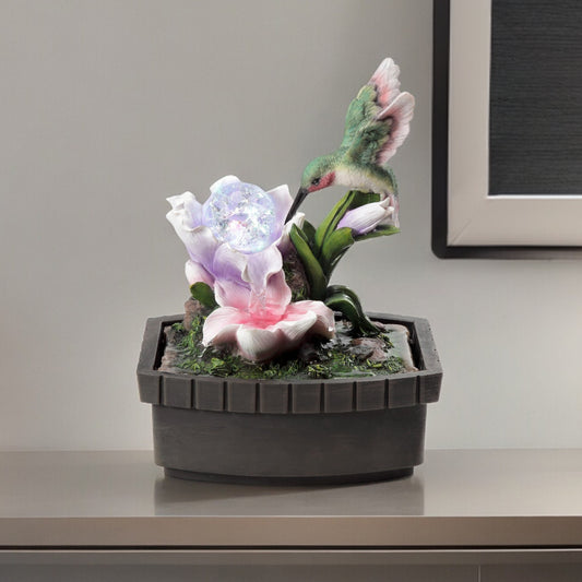 11" Pink Green And Brown Polyresin Hummingbird Tabletop Fountain - Homeroots