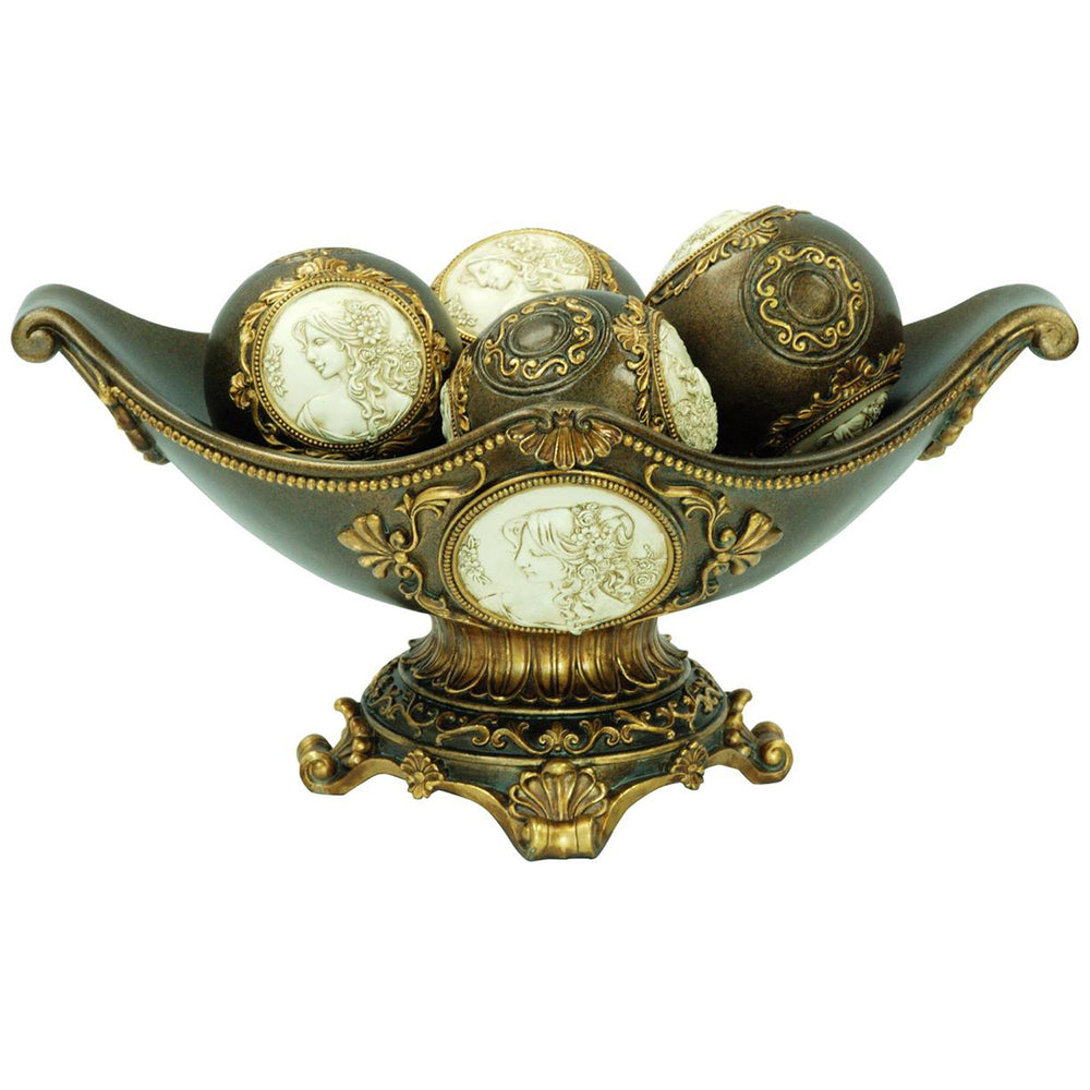 8" Bronze Polyresin Classical Greek Decorative Bowl With Orbs - Homeroots