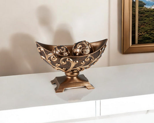 11" Brown And Gold Polyresin Decorative Bowl With Orbs - Homeroots