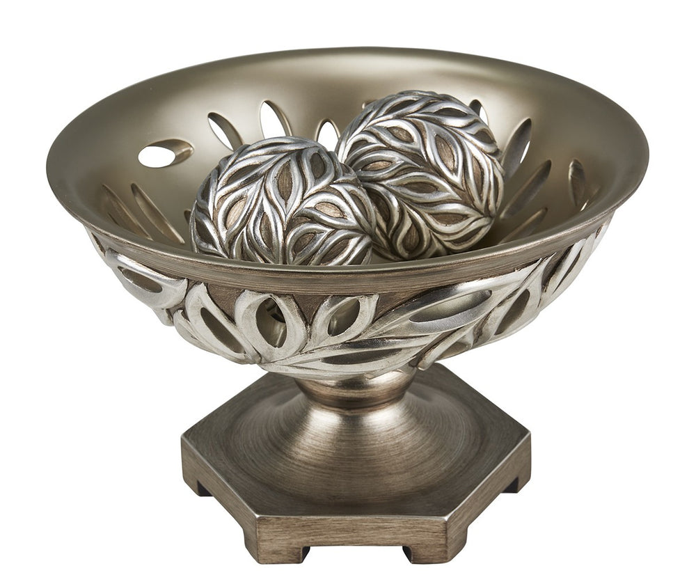 13" Brushed Silver Leaf Polyresin Decorative Pedestal Bowl with Orbs - Homeroots - Flyclothing LLC