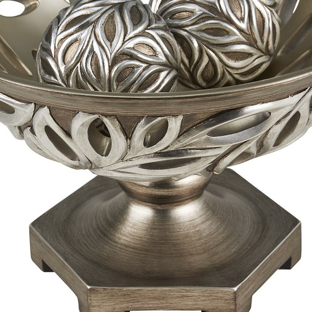 13" Brushed Silver Leaf Polyresin Decorative Pedestal Bowl with Orbs - Homeroots - Flyclothing LLC