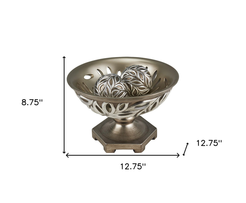 13" Brushed Silver Leaf Polyresin Decorative Pedestal Bowl with Orbs - Homeroots - Flyclothing LLC