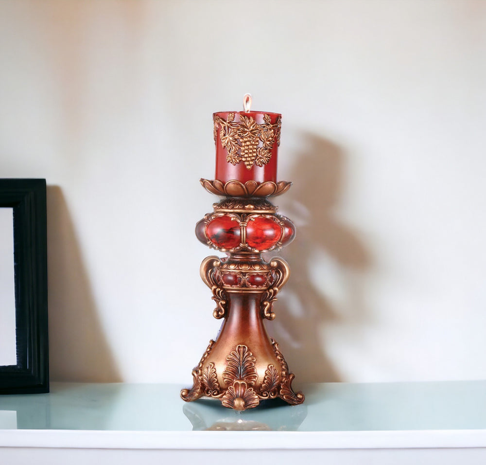 16" Tall Red and Brown Faux Marble Candle Holder with Candle - Homeroots - Flyclothing LLC