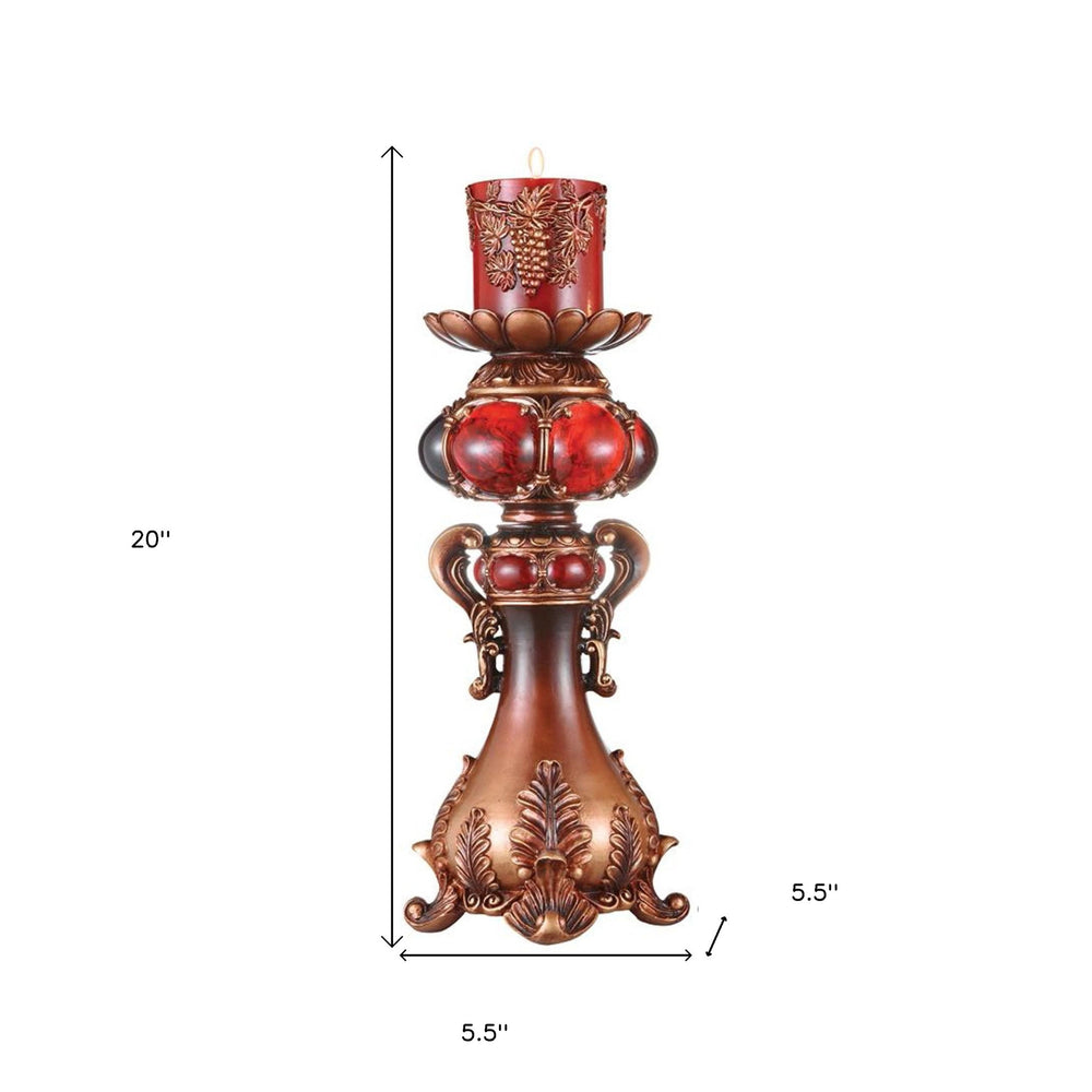 20" Brown and Red Faux Marble Tabletop Candle Holder and Candle - Homeroots - Flyclothing LLC