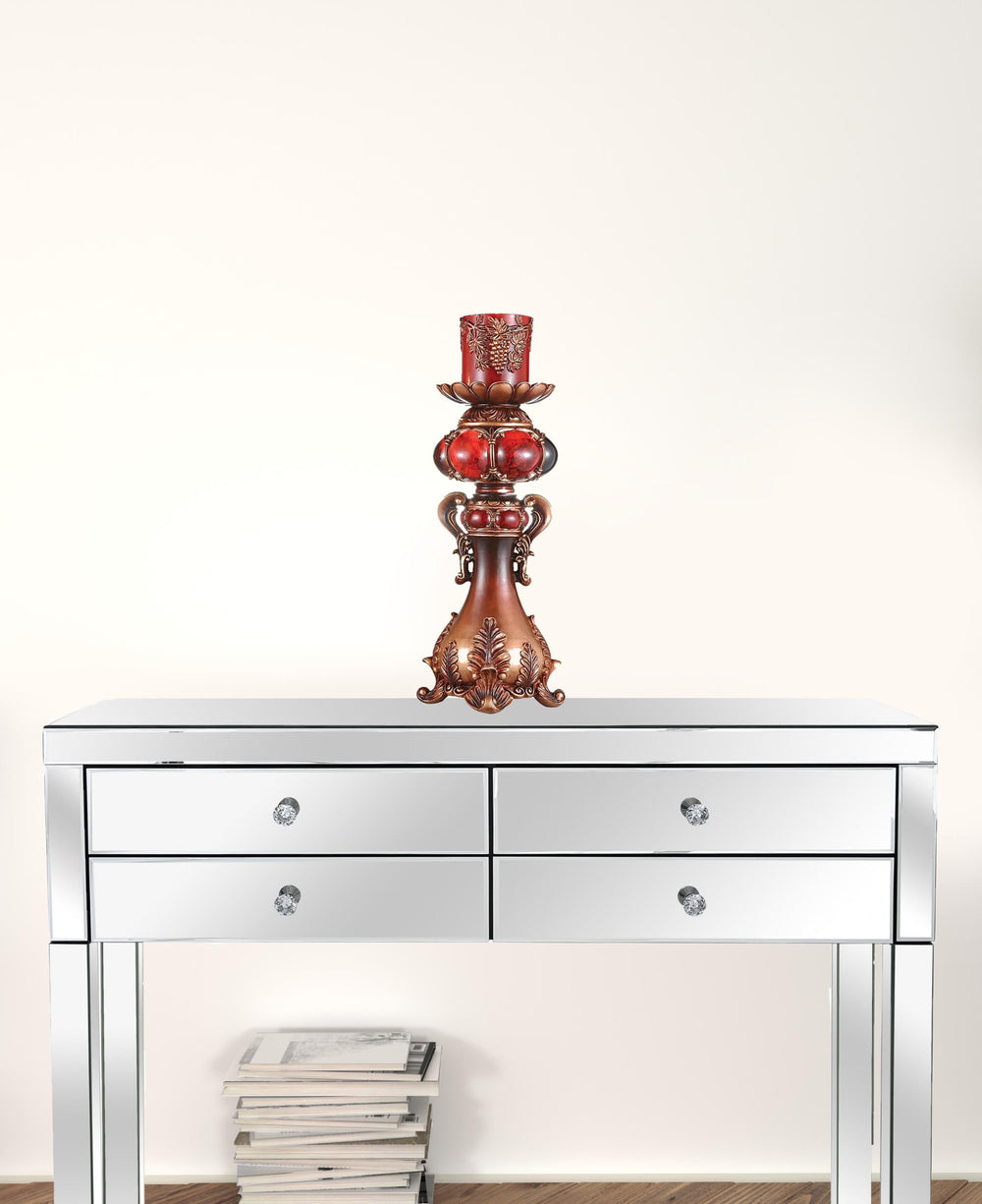 20" Brown and Red Faux Marble Tabletop Candle Holder and Candle - Homeroots - Flyclothing LLC