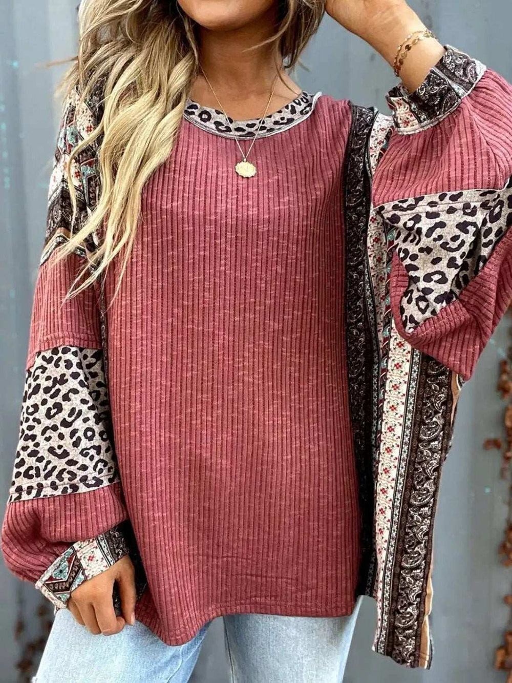 Leopard Round Neck Long Sleeve Sweatshirt - Trendsi - Flyclothing LLC