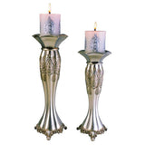 Set of Two Silver Metallic Polyresin Ornate Tabletop Pillar Candle Holders With Candle - Homeroots - Flyclothing LLC