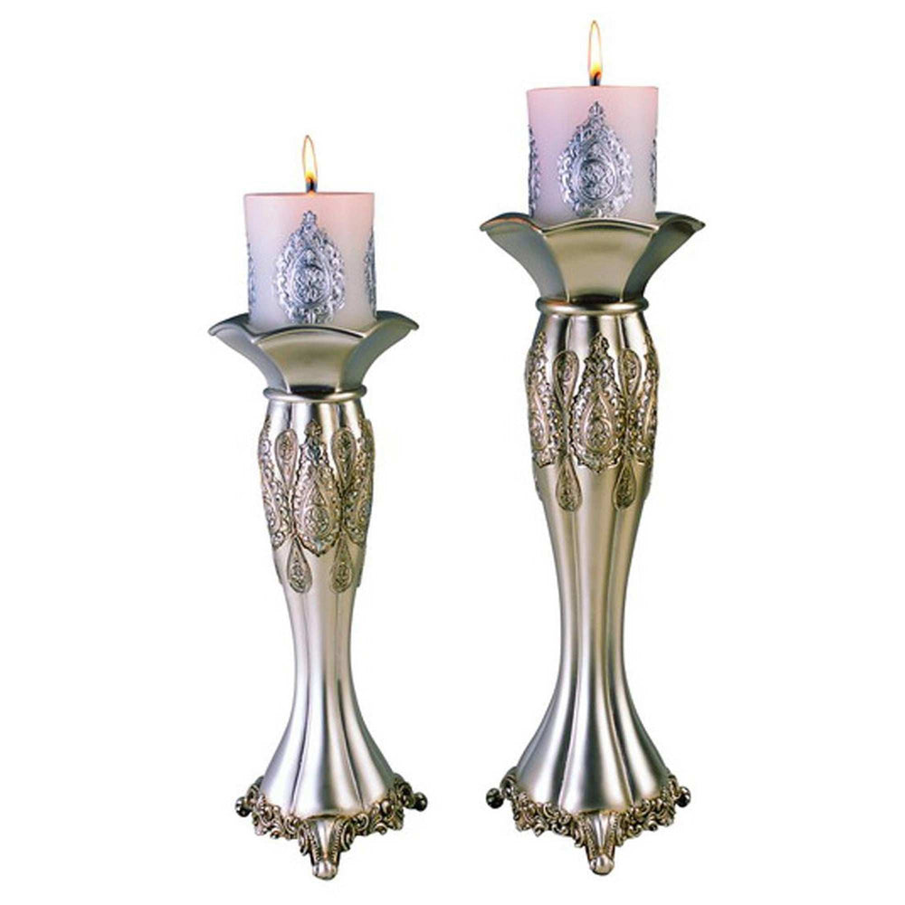 Set of Two Silver Metallic Polyresin Ornate Tabletop Pillar Candle Holders With Candle - Homeroots - Flyclothing LLC