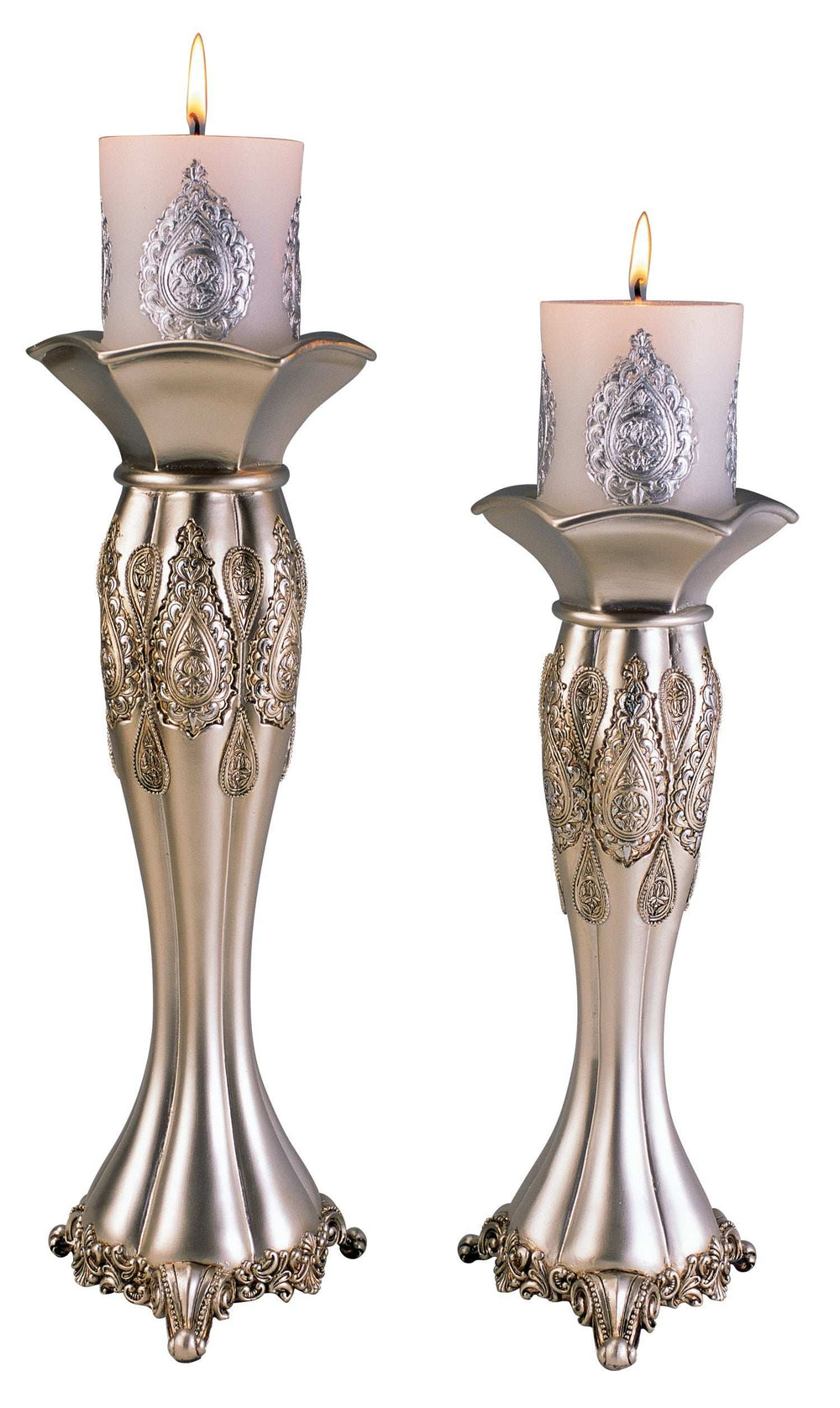 Set of Two Silver Metallic Polyresin Ornate Tabletop Pillar Candle Holders With Candle - Homeroots - Flyclothing LLC