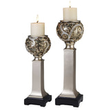 Set of Two Silver Polyresin Filigree Tabletop Pillar Candle Holders With Candle - Homeroots - Flyclothing LLC