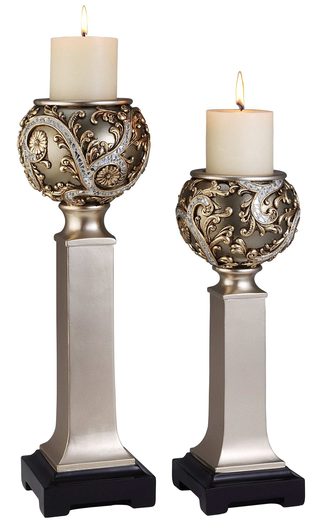 Set of Two Silver Polyresin Filigree Tabletop Pillar Candle Holders With Candle - Homeroots - Flyclothing LLC