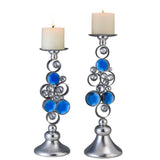 Set Of Two Silver and Blue Bling Tabletop Pillar Candle Holders - Homeroots - Flyclothing LLC