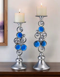 Set Of Two Silver and Blue Bling Tabletop Pillar Candle Holders - Homeroots - Flyclothing LLC